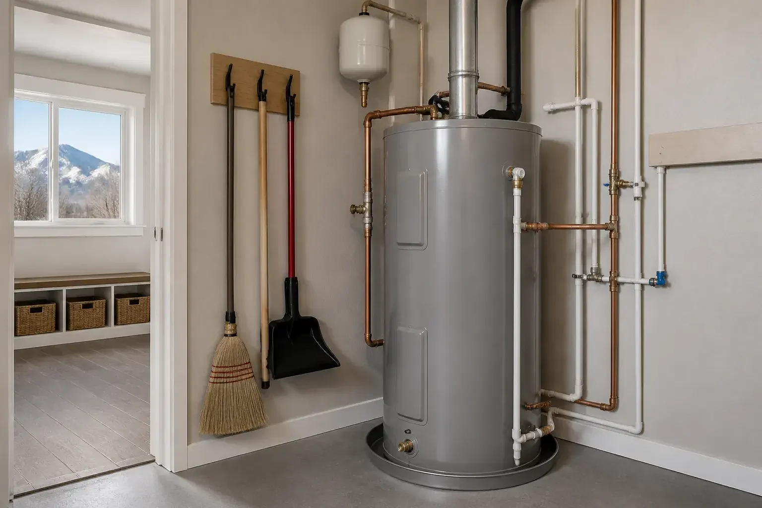 Finished water heater installation in a clean utility room.
