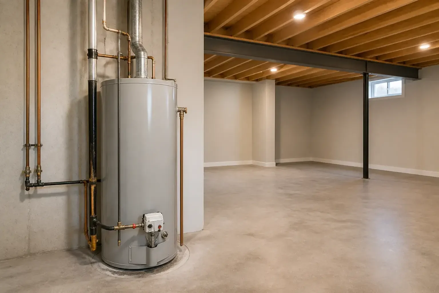 Clean basement utility area with a serviced water heater.