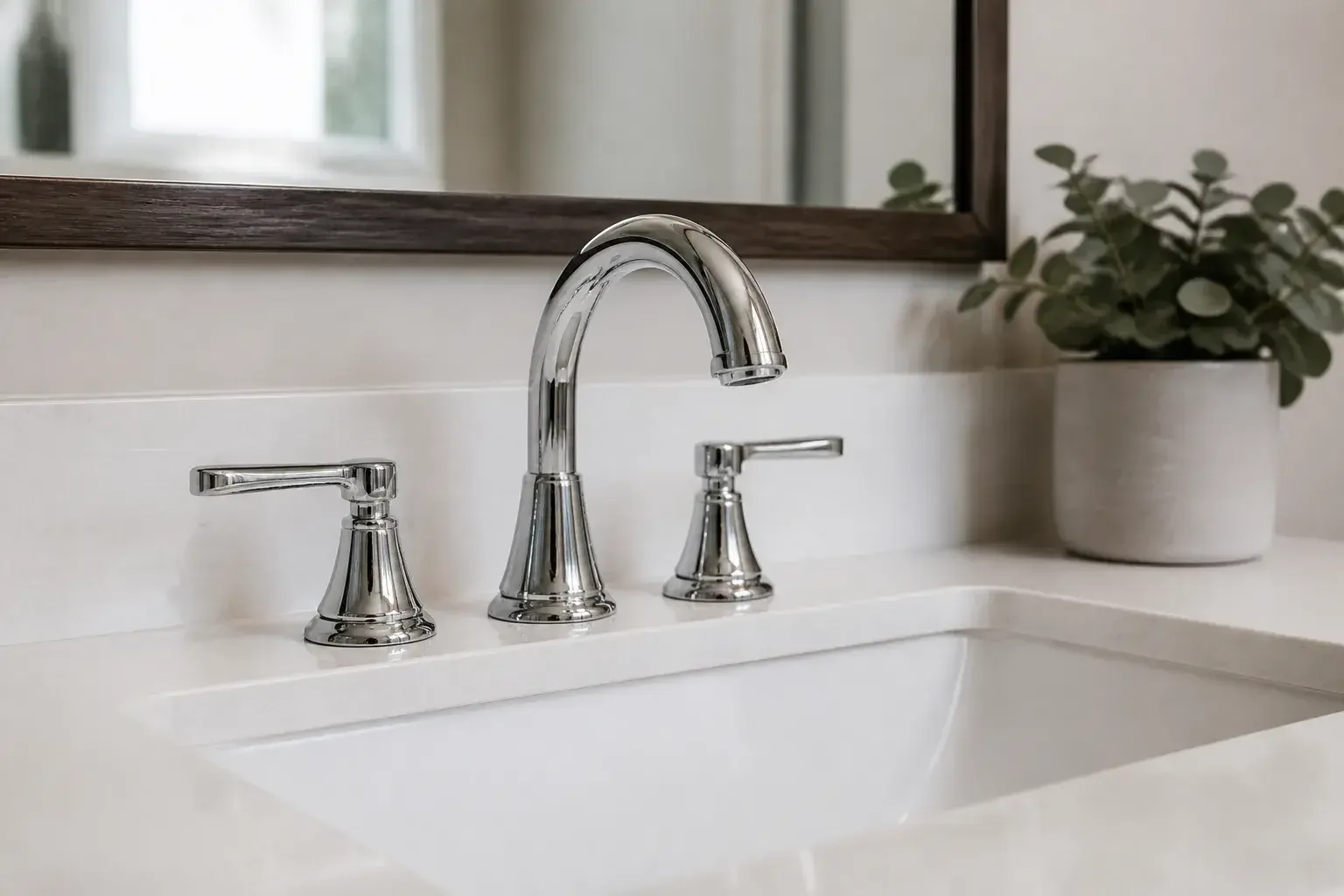 New bathroom faucet on a clean sink deck.