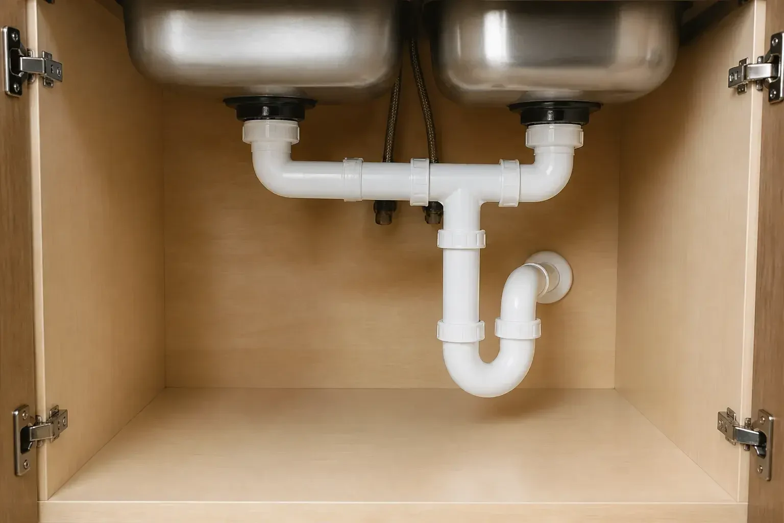 Dry under-sink cabinet after a leak repair.
