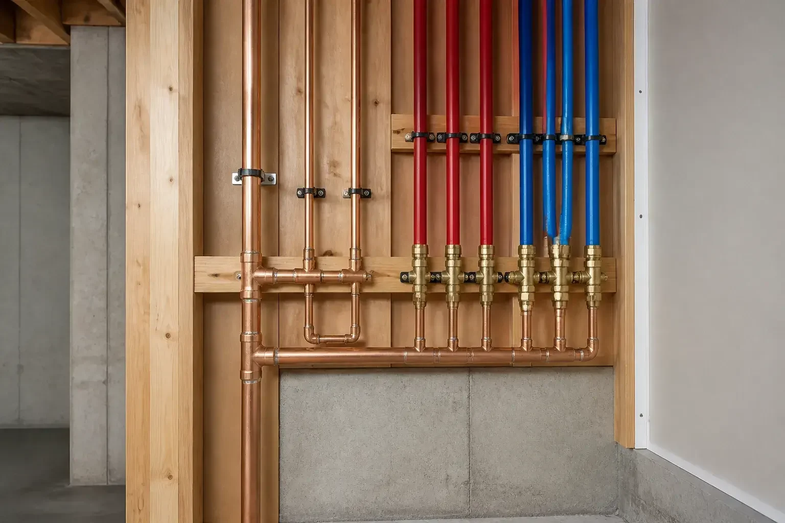 Neatly installed repiping runs in a basement.