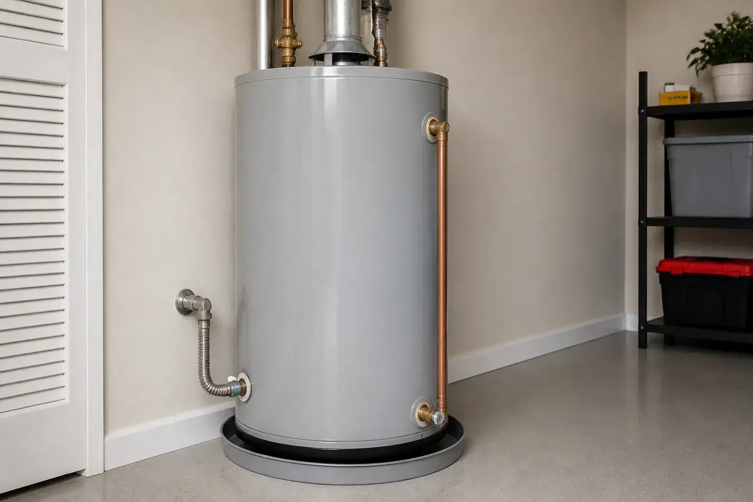Repaired water heater in a tidy utility room.
