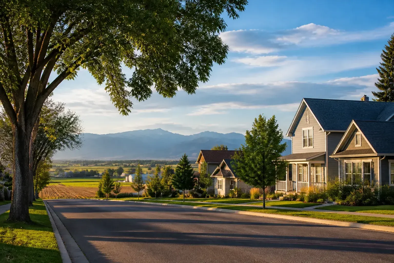 Quiet Berthoud neighborhood with open sky.