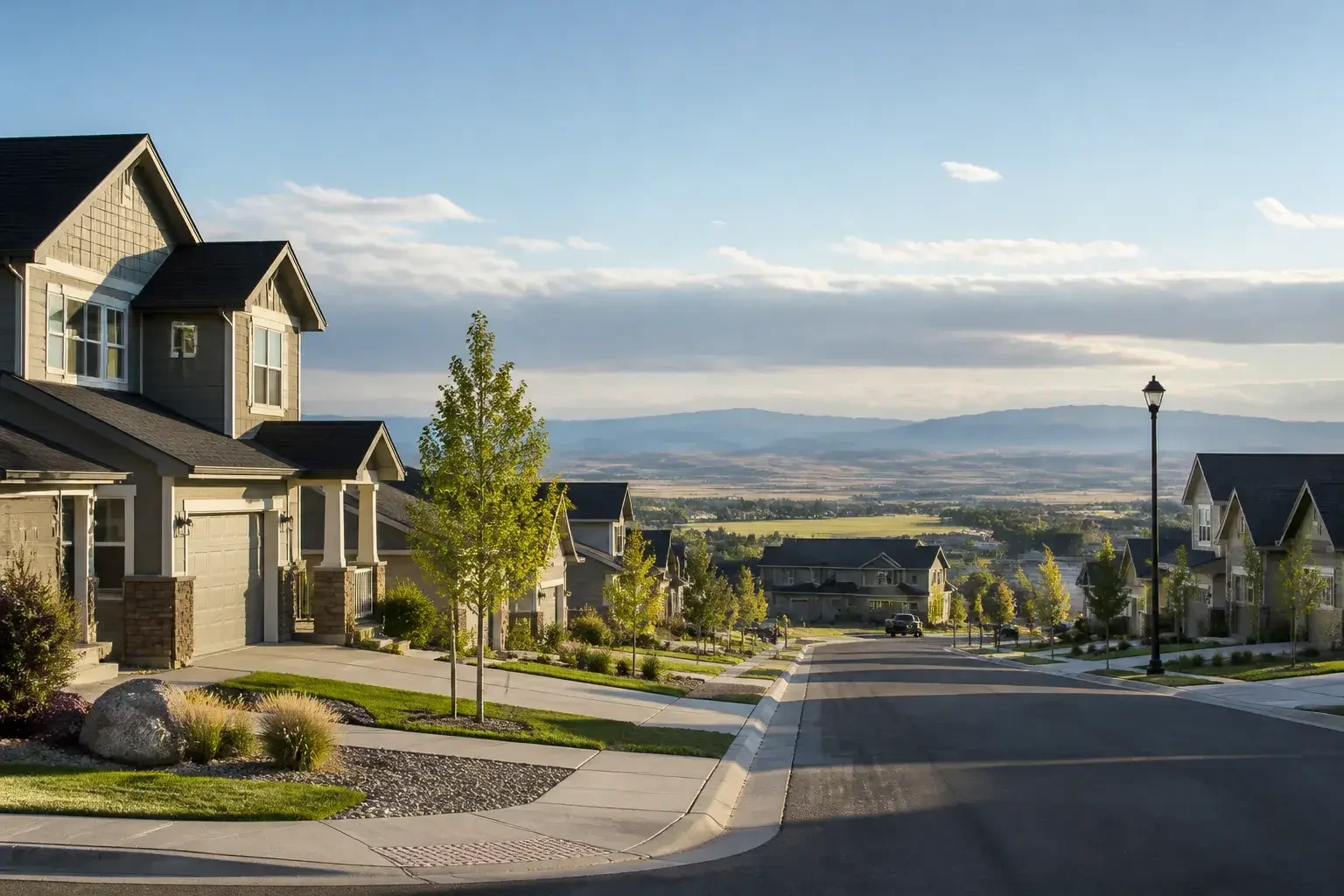 Johnstown street with newer homes and open views.