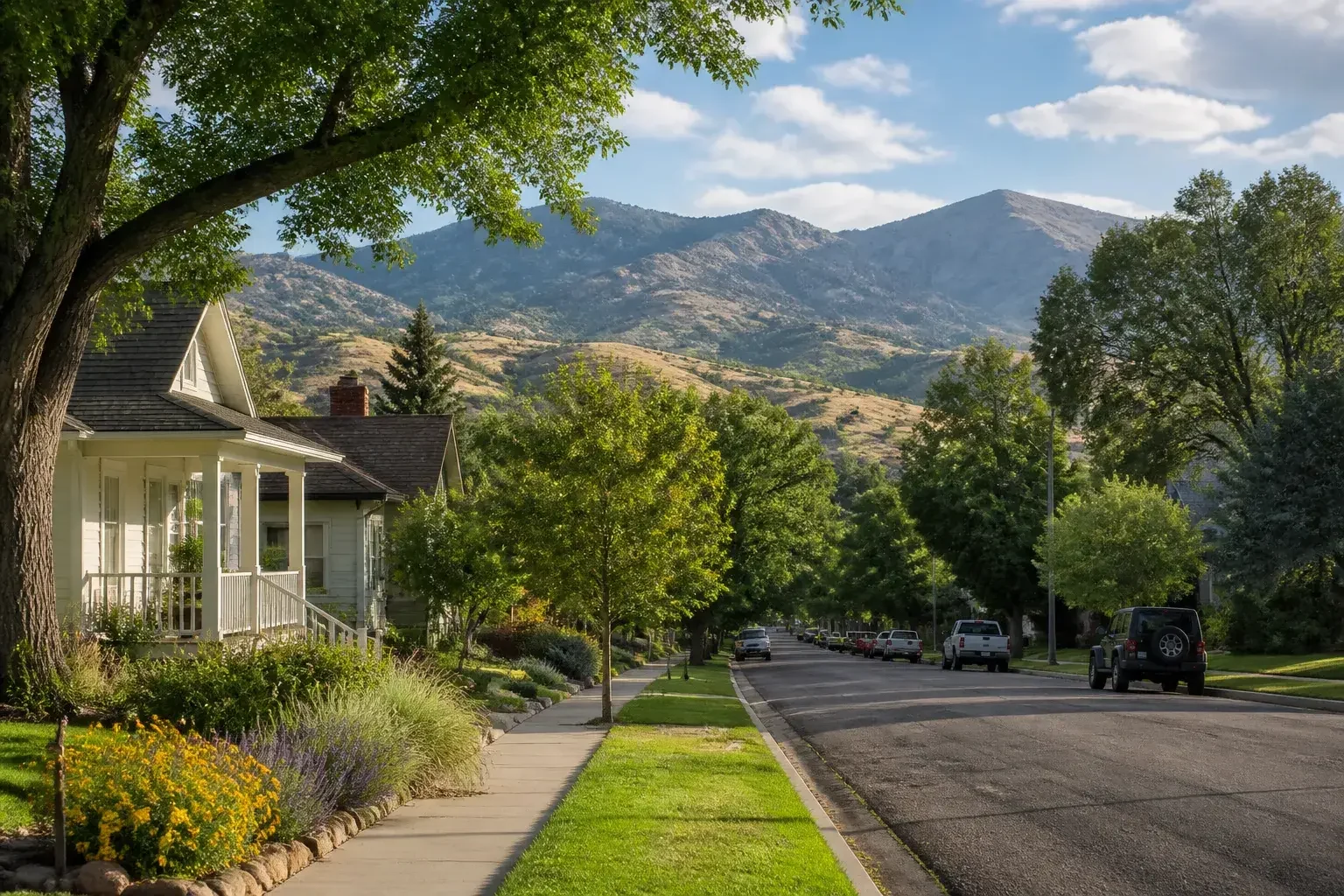 Tree-lined Loveland neighborhood with foothills beyond.