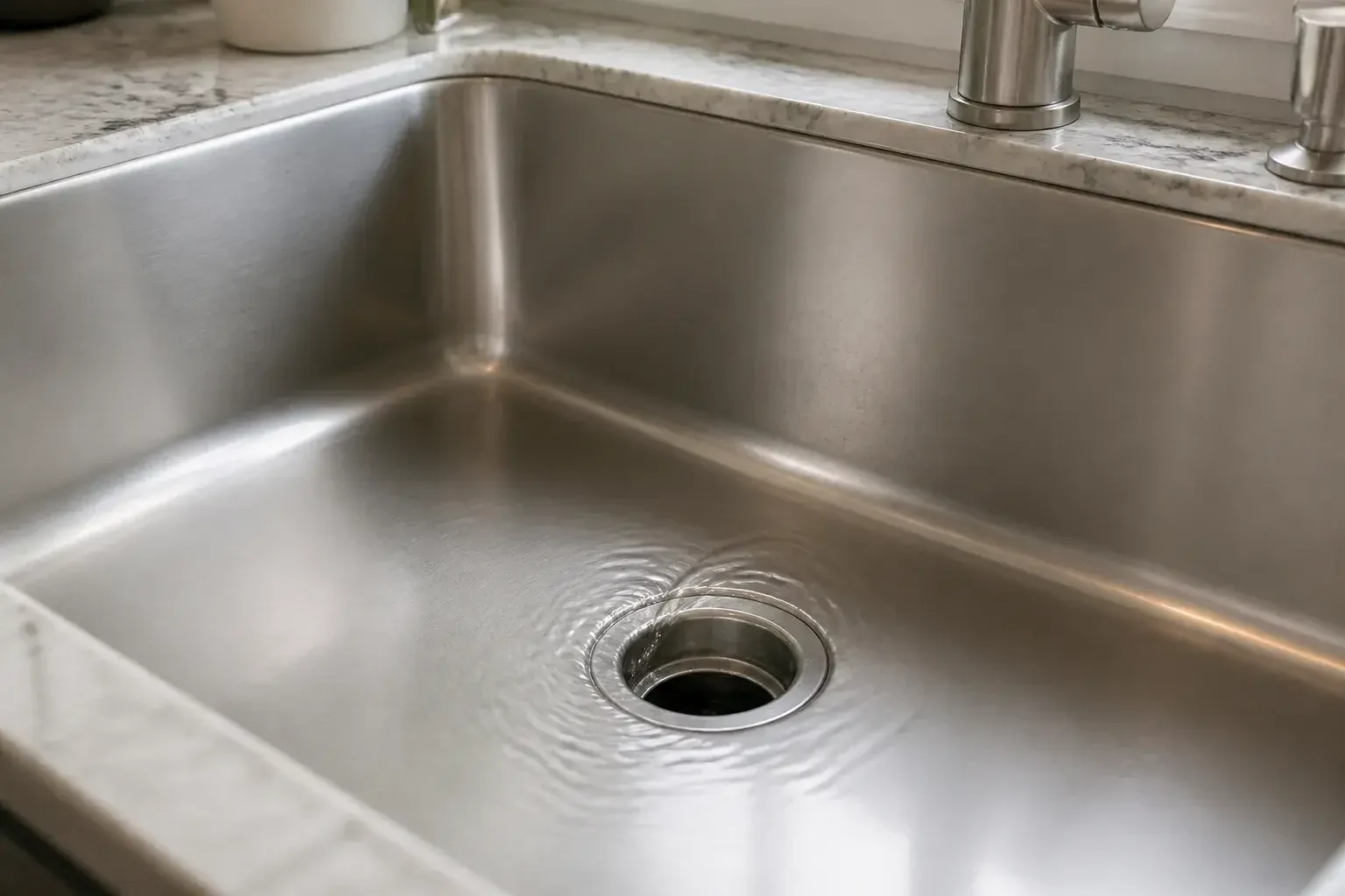 Clean kitchen sink with a clear, polished drain.