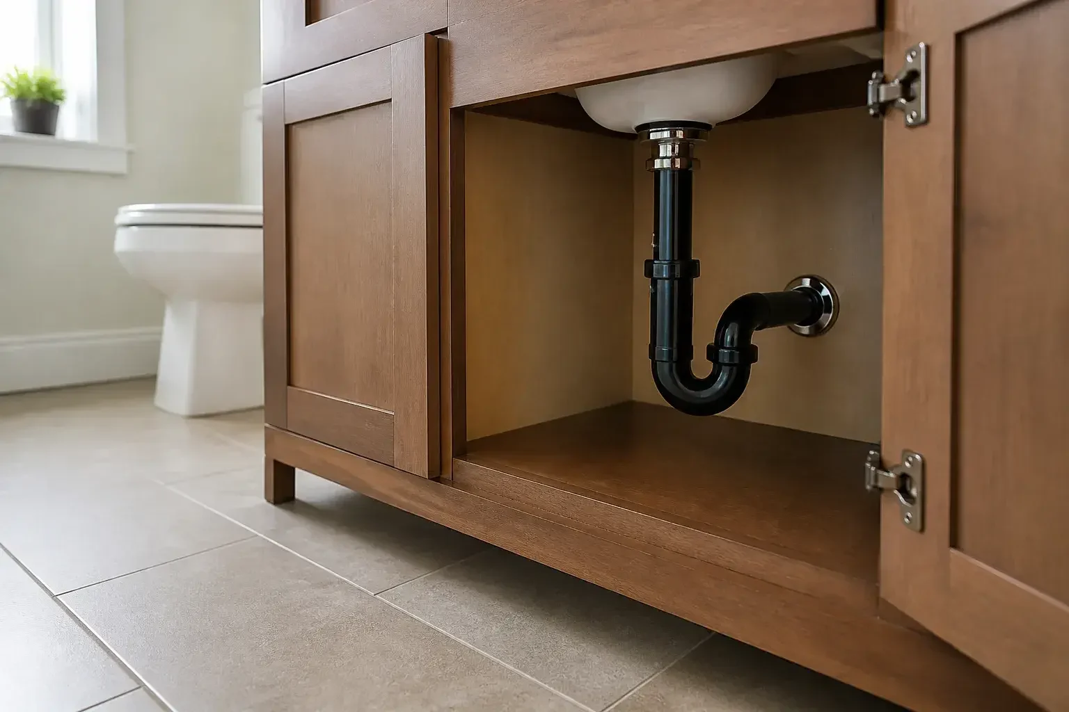 Dry bathroom vanity area after a leak repair.