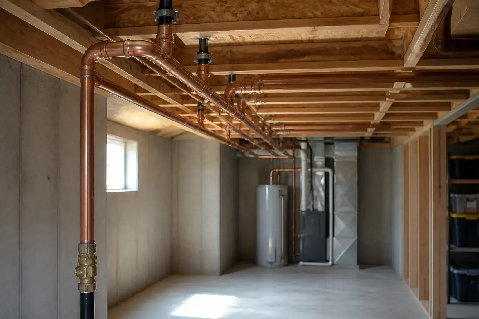 Neat new piping runs in a finished basement.